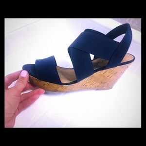 navy blue straps. cork wedge